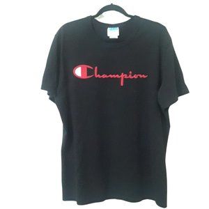 Vintage Champion T Shirt Embroidered Logo Large Black Tee